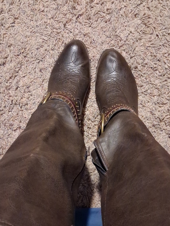 Shoes - Brown Leather Western Boots with Decorative Buckle